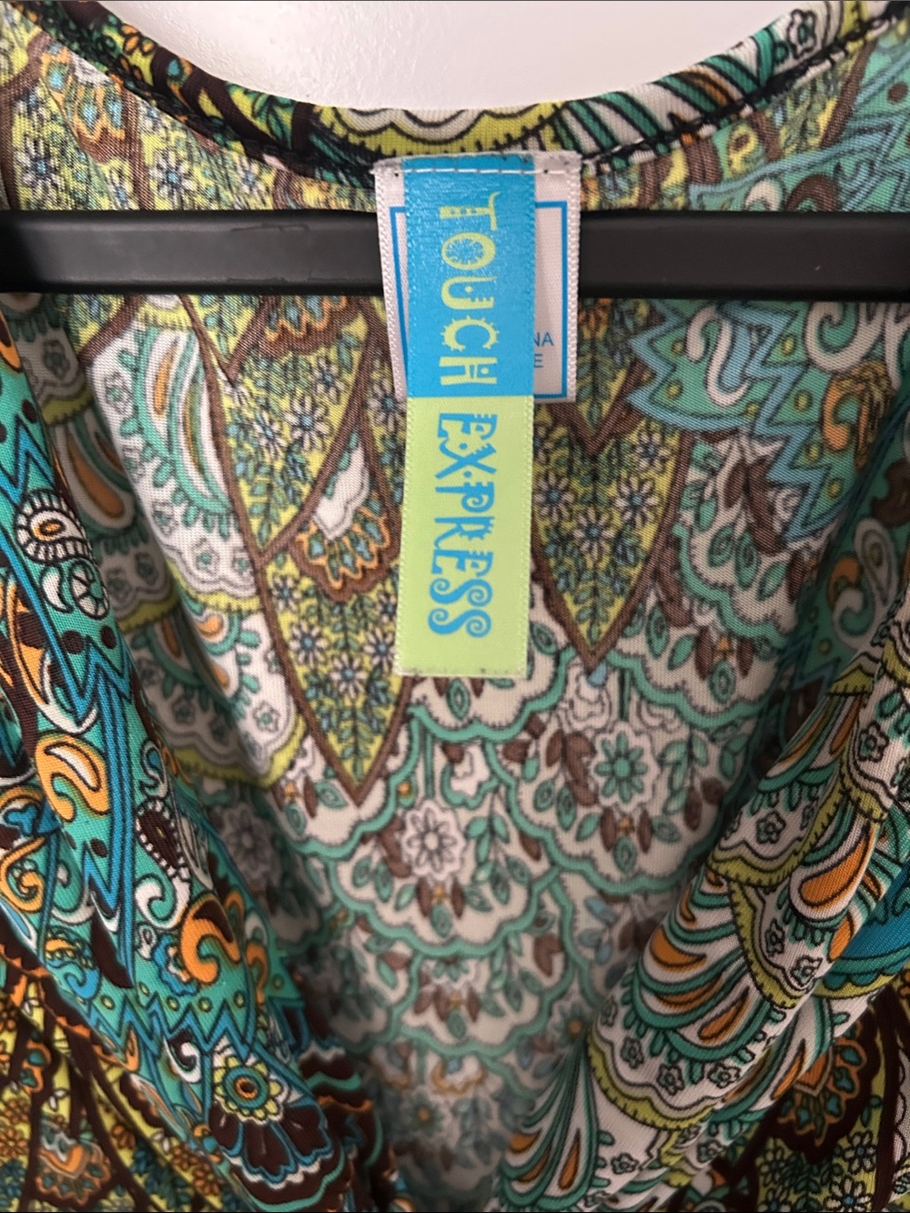 Tropical Teal and Brown Paisley Twist-Front Midi Dress weekend evening or beach - Picture 4 of 12